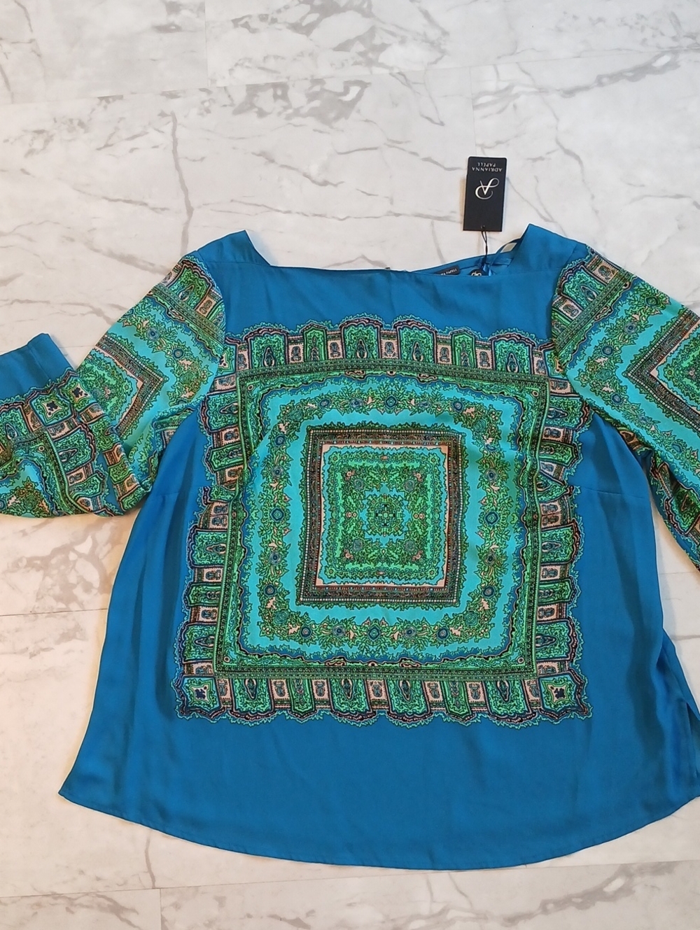 Adrianna Papell Aqua Teal & Green Boho Scarf Print Tunic Blouse 3X